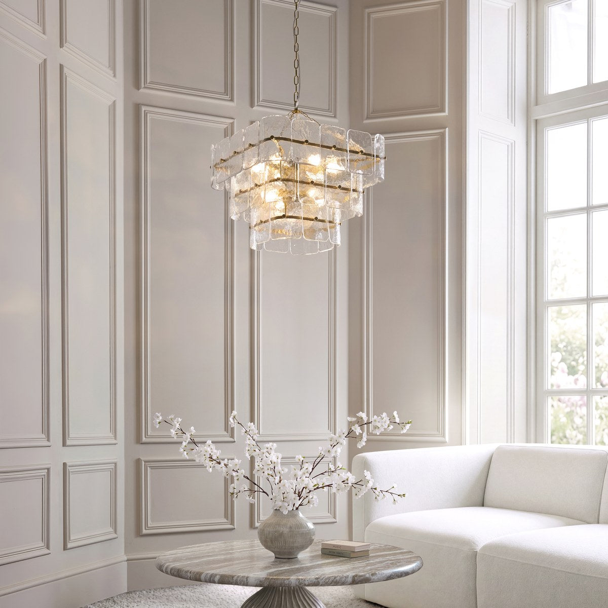 Endon Venice 10 Light Pendant Light in Brushed Aged Brass with Clear Textured Glass