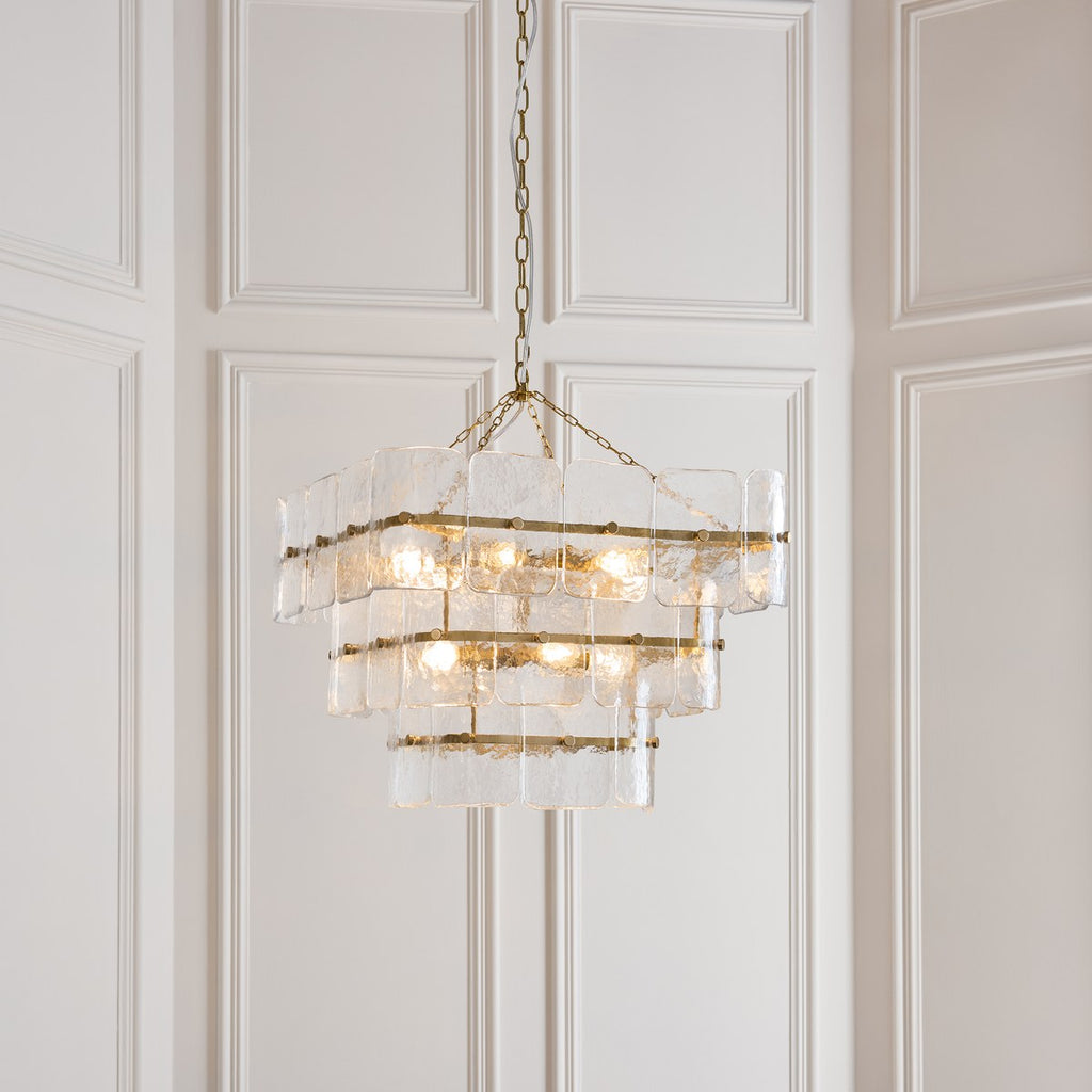 Endon Venice 10 Light Pendant Light in Brushed Aged Brass with Clear Textured Glass