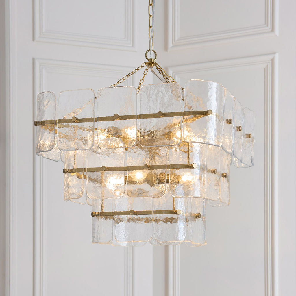 Endon Venice 10 Light Pendant Light in Brushed Aged Brass with Clear Textured Glass