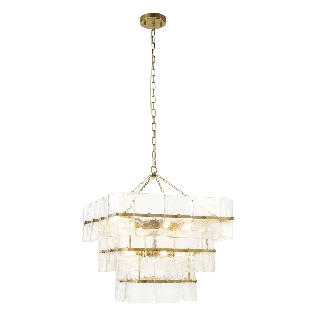 Endon Venice 10 Light Pendant Light in Brushed Aged Brass with Clear Textured Glass