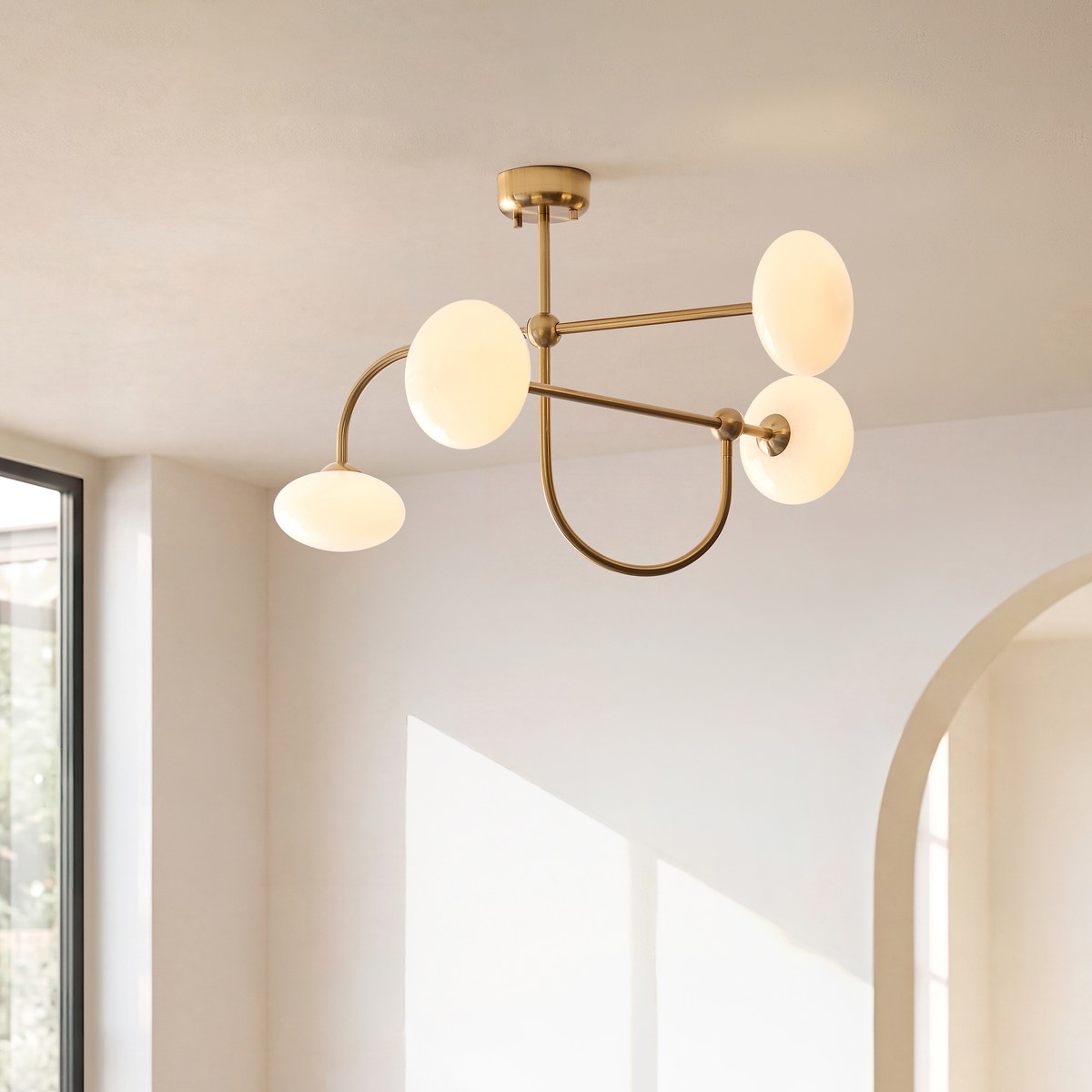 Endon Ottowa 4 Light Semi Flush Ceiling Light in Brushed Aged Brass with Opal Glass