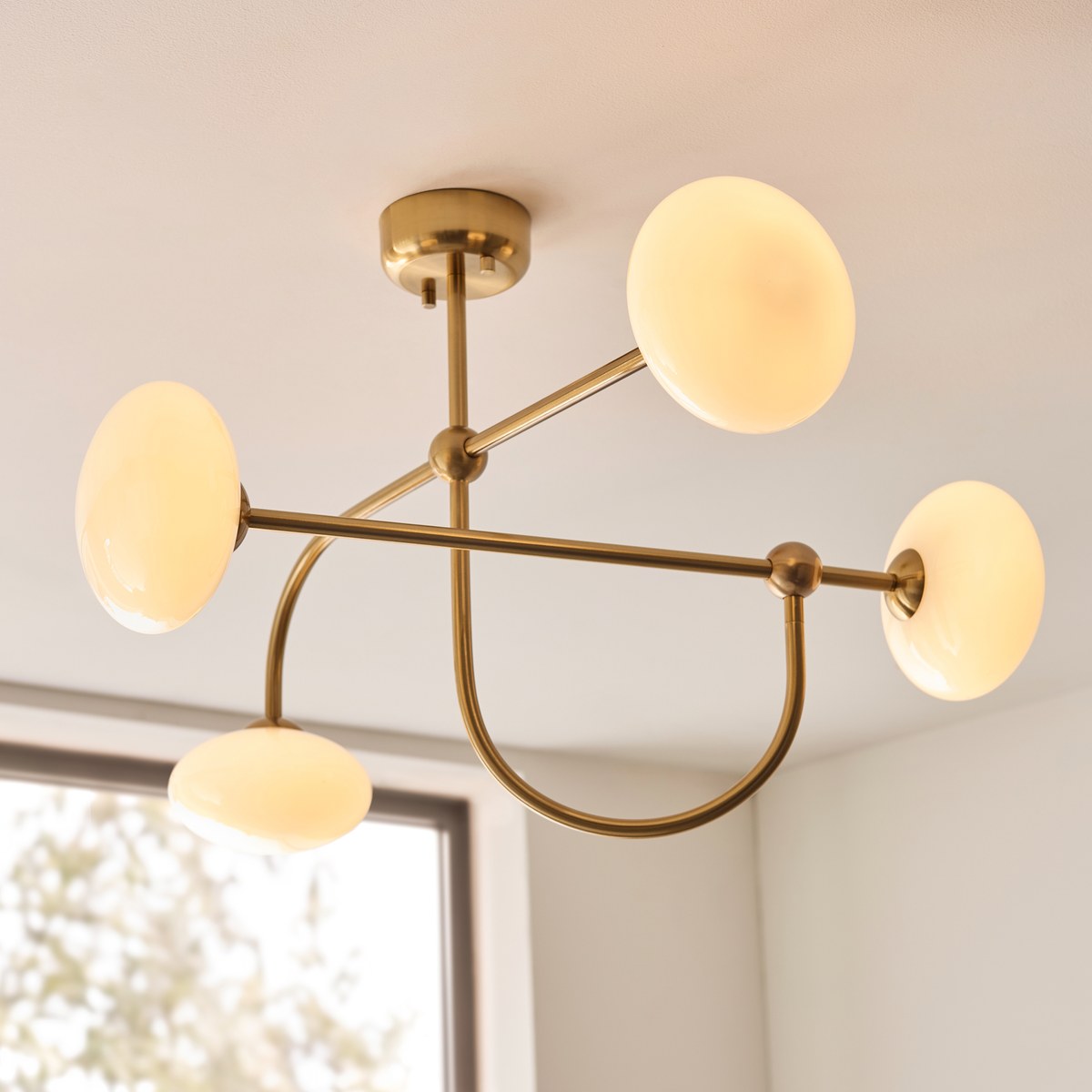 Endon Ottowa 4 Light Semi Flush Ceiling Light in Brushed Aged Brass with Opal Glass