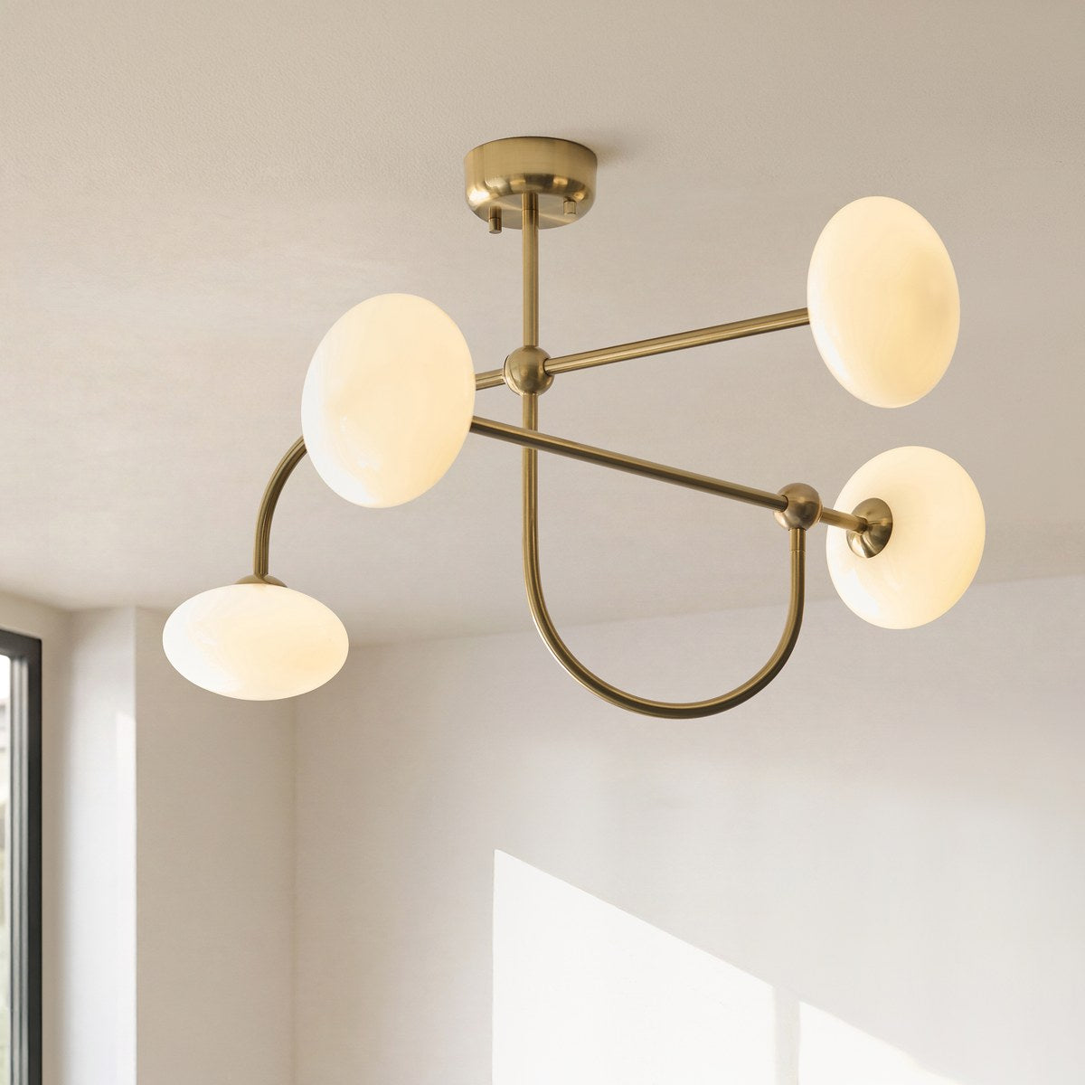 Endon Ottowa 4 Light Semi Flush Ceiling Light in Brushed Aged Brass with Opal Glass