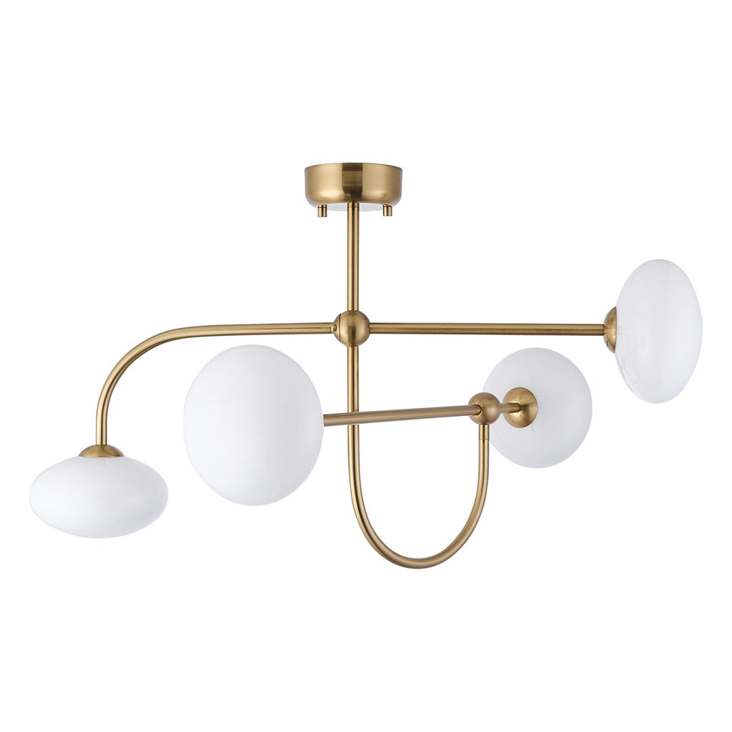 Endon Ottowa 4 Light Semi Flush Ceiling Light in Brushed Aged Brass with Opal Glass