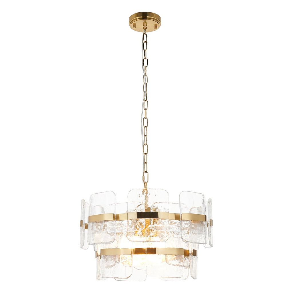 Endon Ancara 3 Light Pendant Light in Brushed Aged Brass with Clear Textured Glass