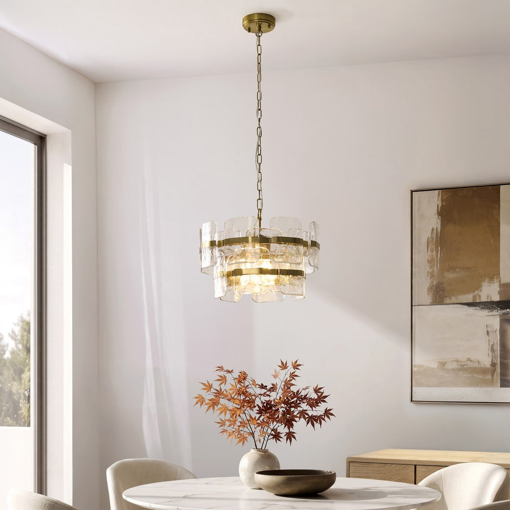 Endon Ancara 3 Light Pendant Light in Brushed Aged Brass with Clear Textured Glass