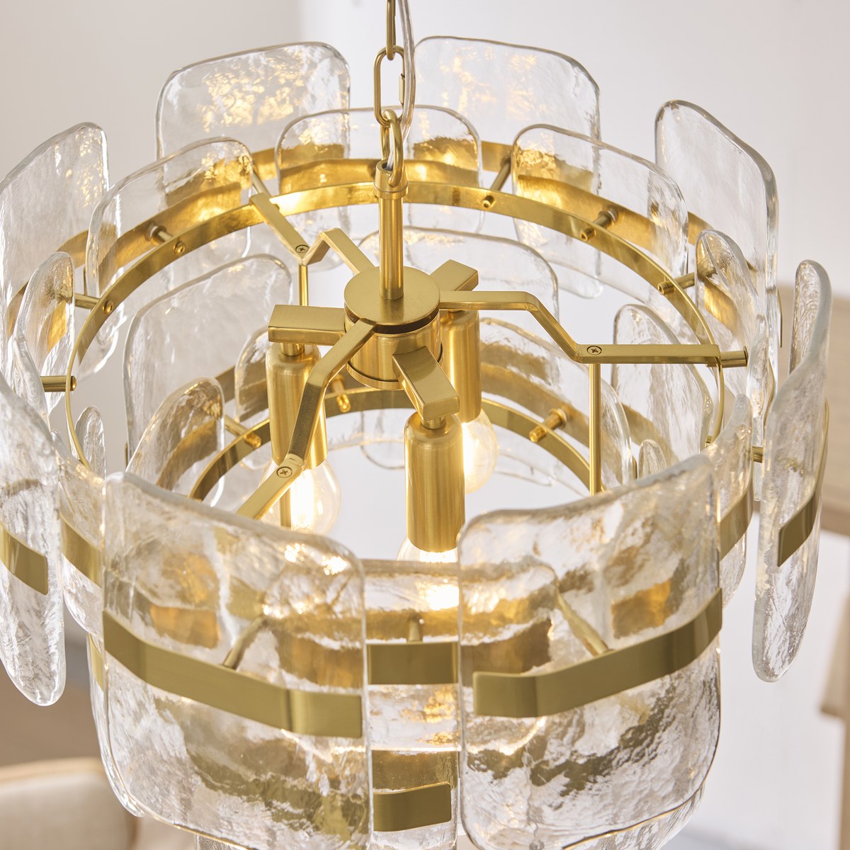 Endon Ancara 3 Light Pendant Light in Brushed Aged Brass with Clear Textured Glass