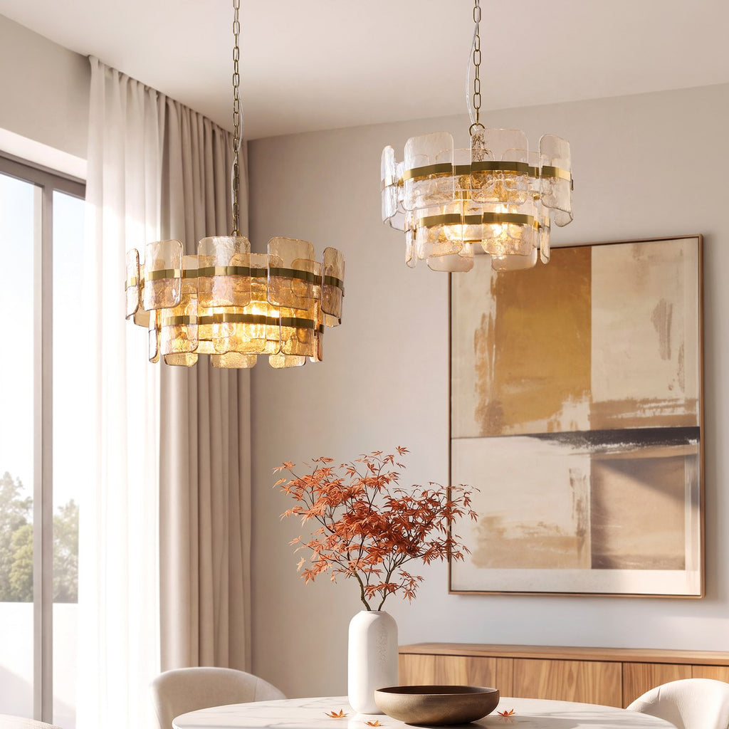 Endon Ancara 3 Light Pendant Light in Brushed Aged Brass with Clear Textured Glass