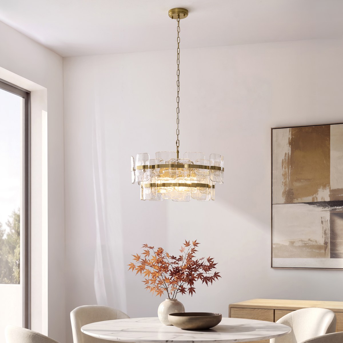 Endon Ancara 6 Light Pendant Light in Brushed Aged Brass with Clear Textured Glass