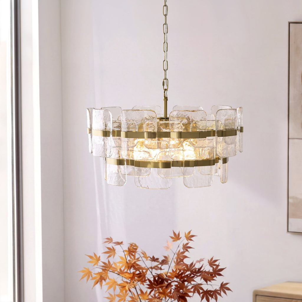 Endon Ancara 6 Light Pendant Light in Brushed Aged Brass with Clear Textured Glass