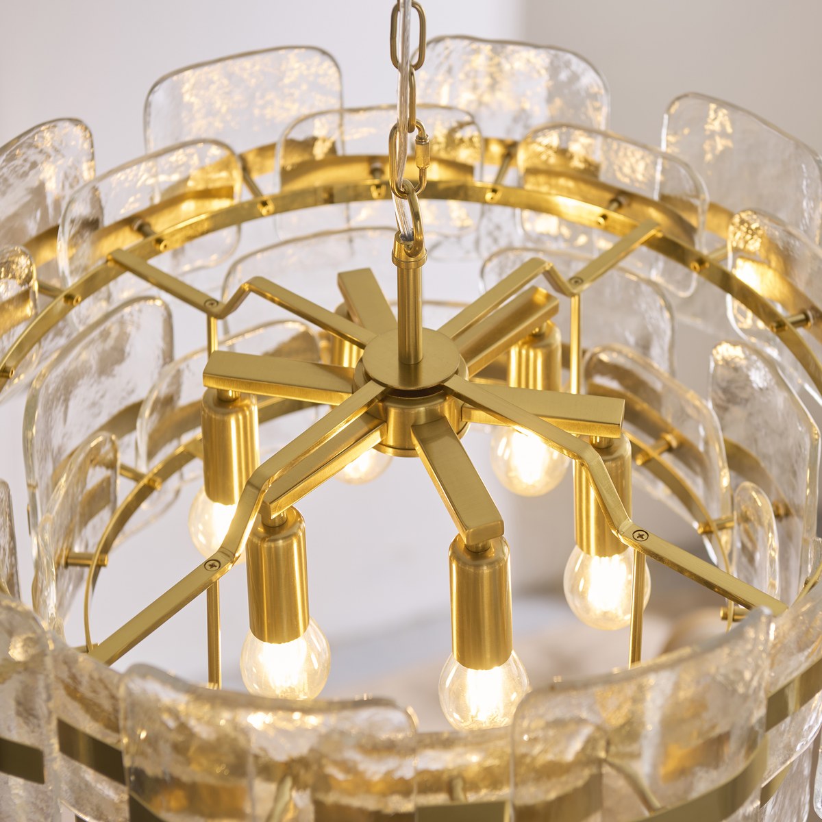 Endon Ancara 6 Light Pendant Light in Brushed Aged Brass with Clear Textured Glass