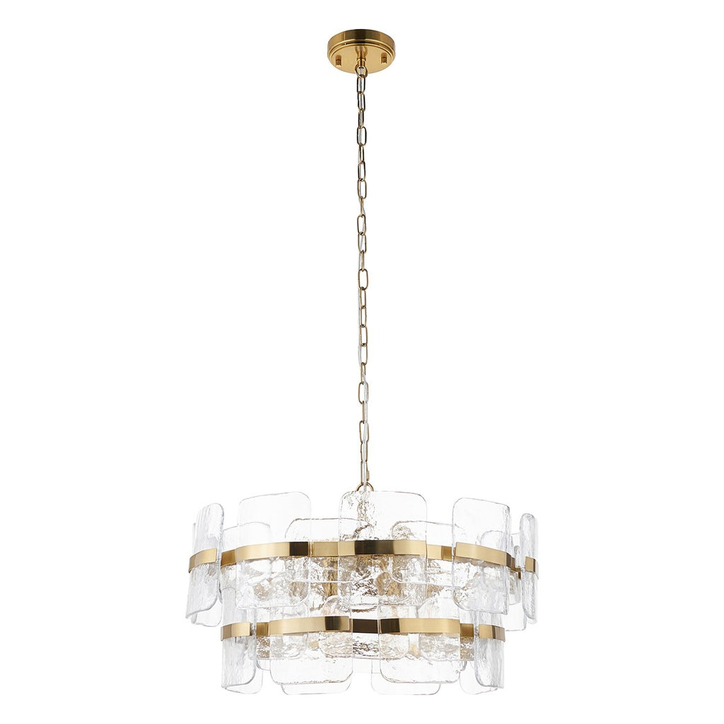 Endon Ancara 6 Light Pendant Light in Brushed Aged Brass with Clear Textured Glass