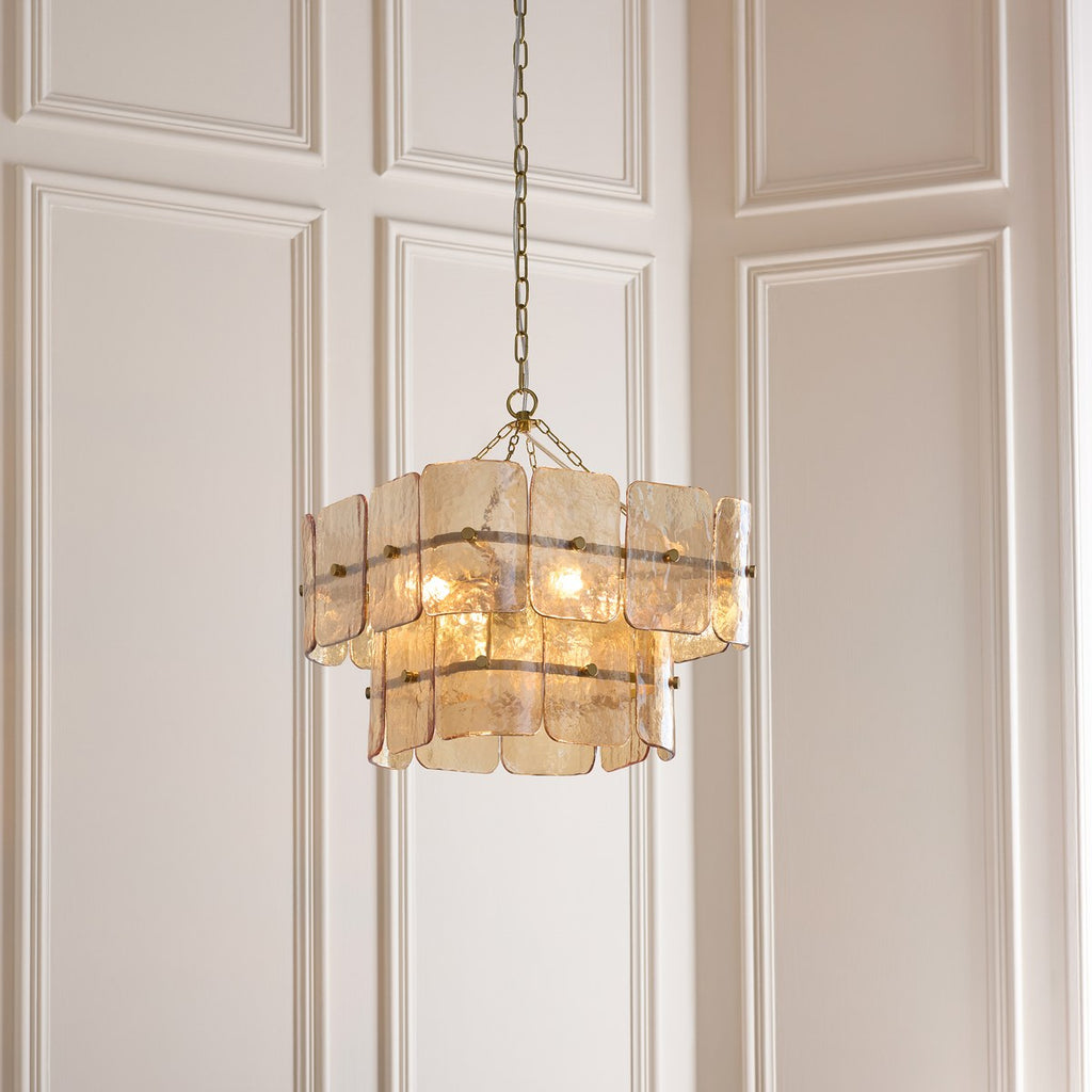 Endon Venice 4 Light Pendant Light in Brushed Aged Brass with Champagne Textured Glass