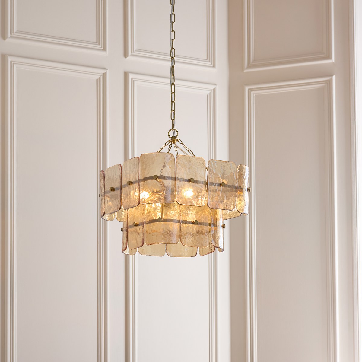 Endon Venice 4 Light Pendant Light in Brushed Aged Brass with Champagne Textured Glass