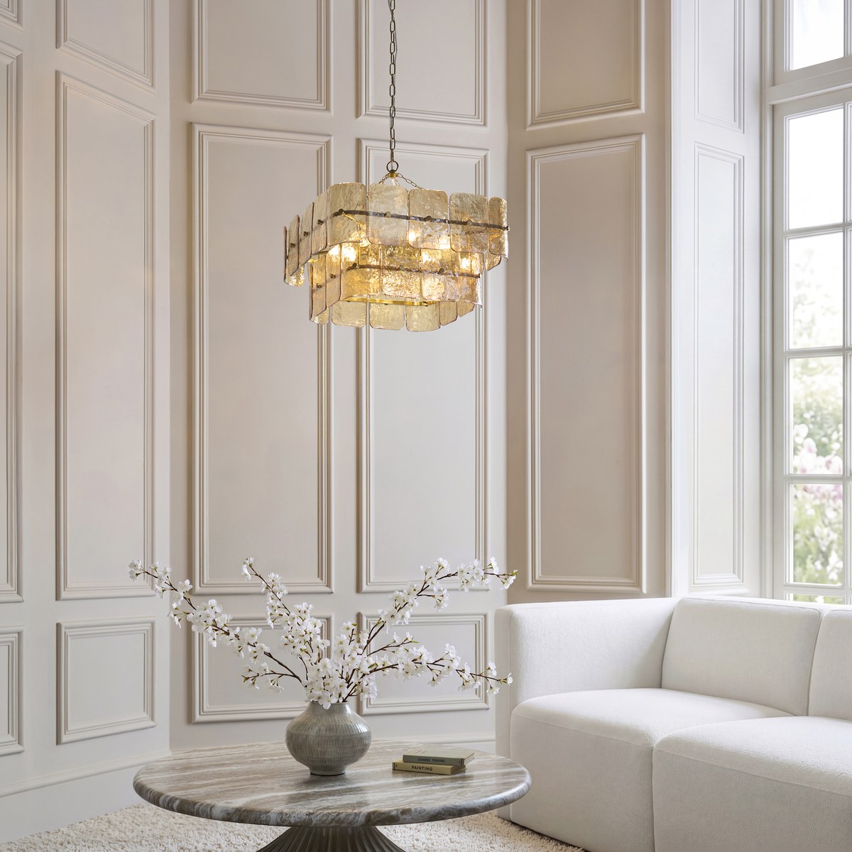 Endon Venice 6 Light Pendant Light in Brushed Aged Brass with Champagne Textured Glass