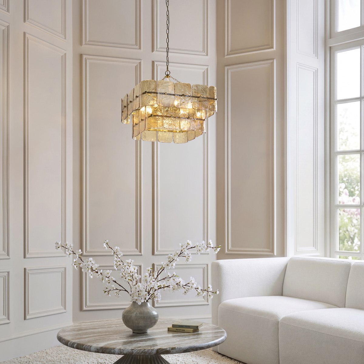 Endon Venice 6 Light Pendant Light in Brushed Aged Brass with Champagne Textured Glass