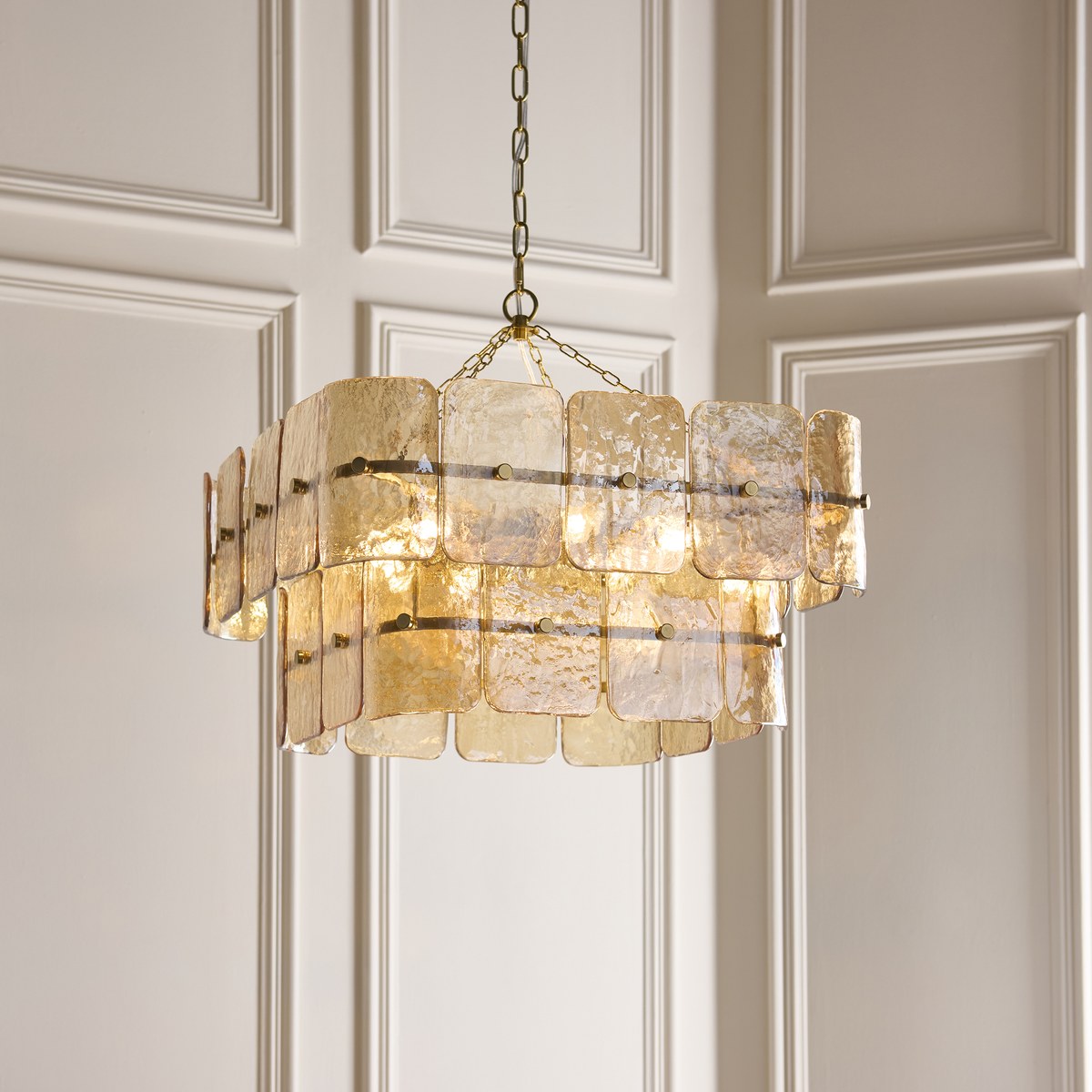 Endon Venice 6 Light Pendant Light in Brushed Aged Brass with Champagne Textured Glass