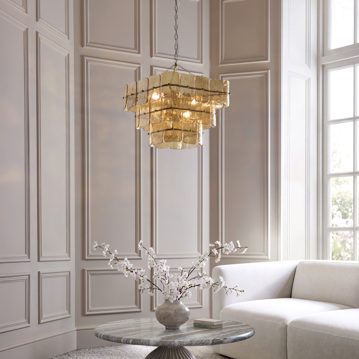 Endon Venice 10 Light Pendant Light in Brushed Aged Brass with Champagne Textured Glass