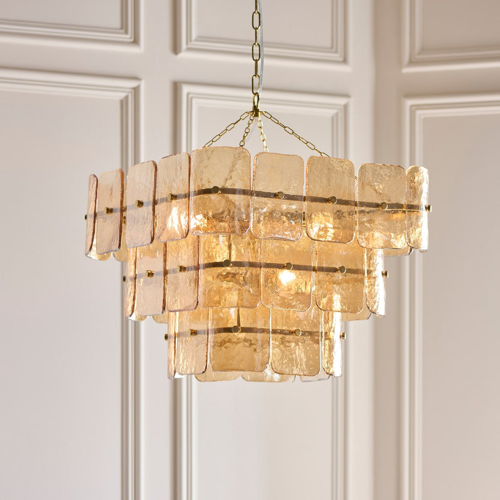 Endon Venice 10 Light Pendant Light in Brushed Aged Brass with Champagne Textured Glass