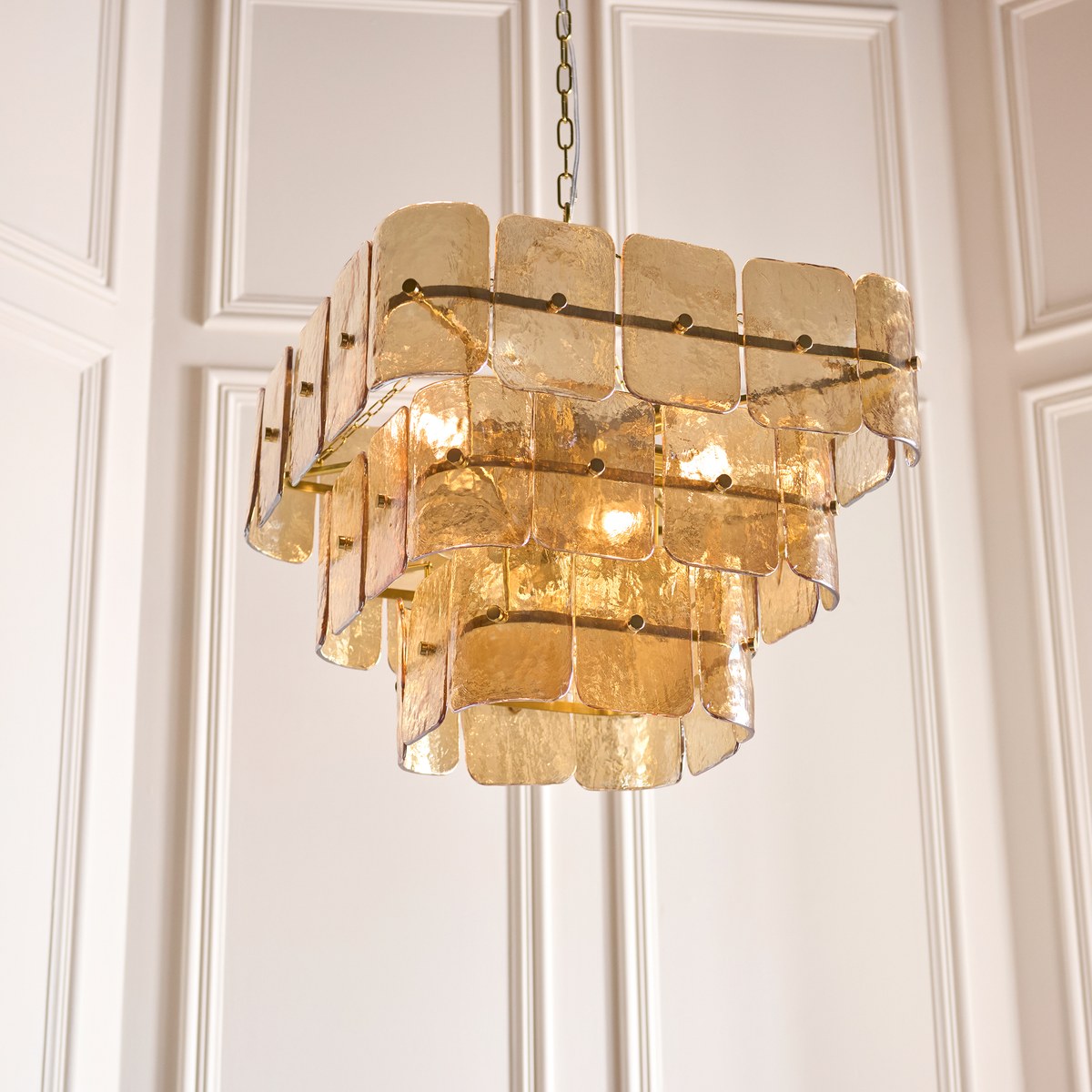 Endon Venice 10 Light Pendant Light in Brushed Aged Brass with Champagne Textured Glass