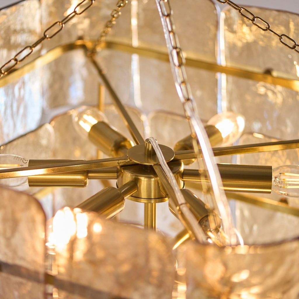 Endon Venice 10 Light Pendant Light in Brushed Aged Brass with Champagne Textured Glass