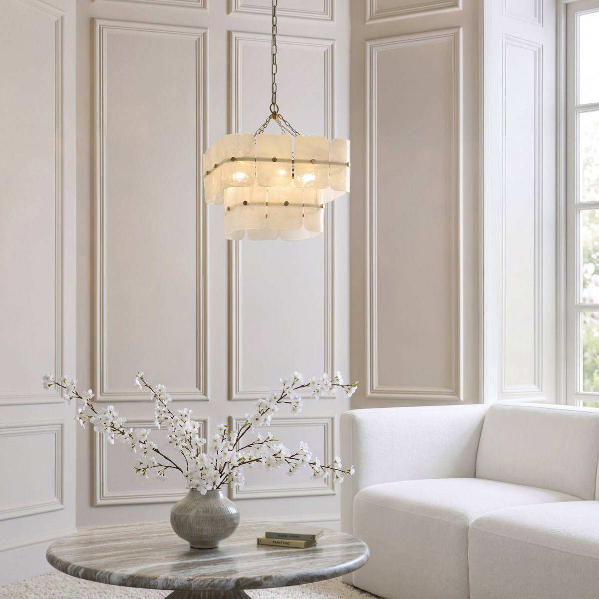 Endon Venice 4 Light Pendant Light in Brushed Aged Brass with White Textured Glass