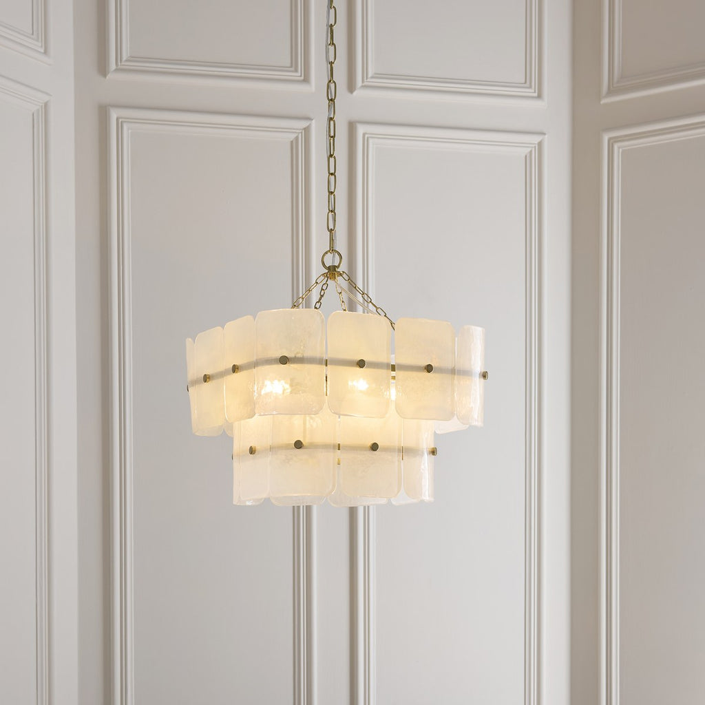 Endon Venice 4 Light Pendant Light in Brushed Aged Brass with White Textured Glass