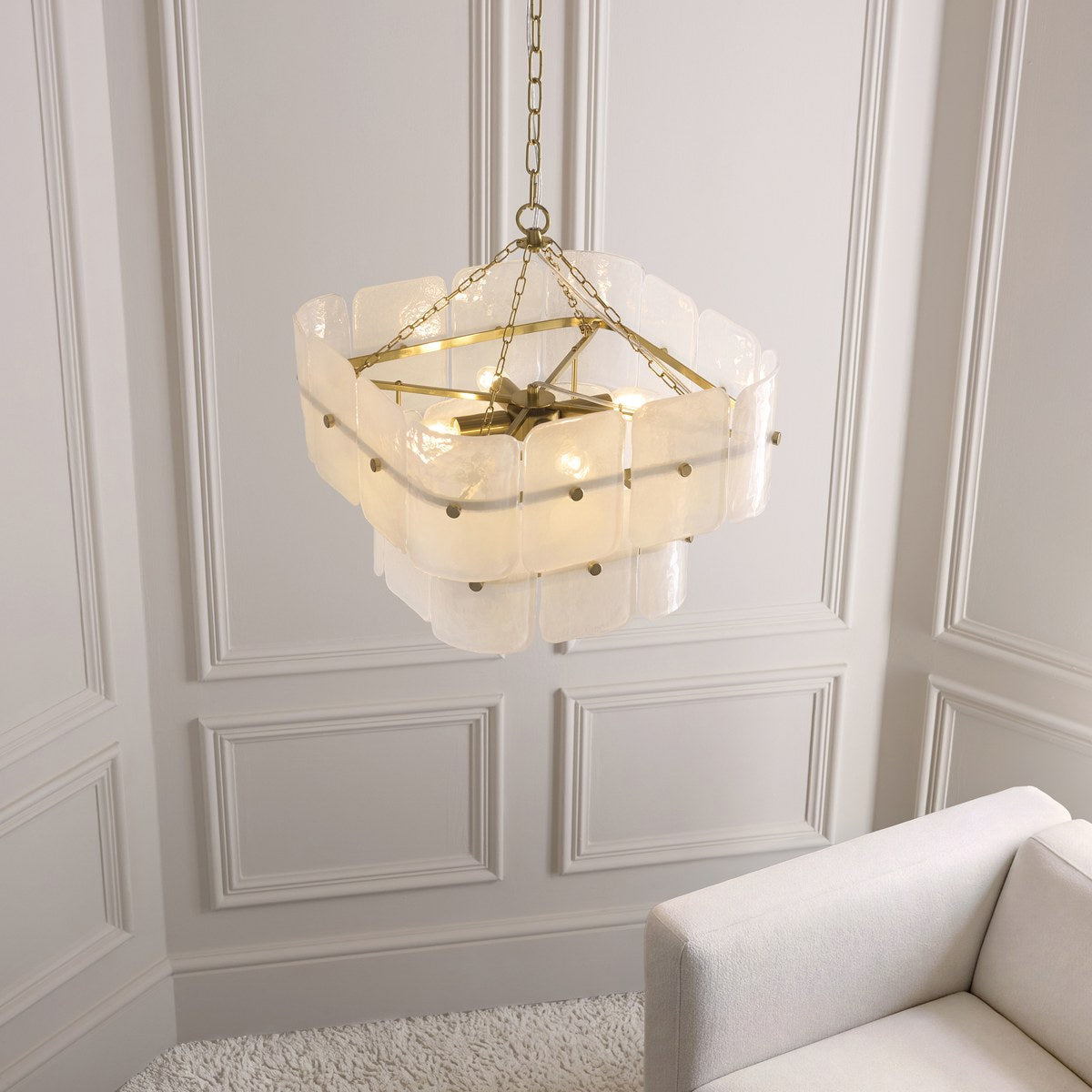 Endon Venice 4 Light Pendant Light in Brushed Aged Brass with White Textured Glass