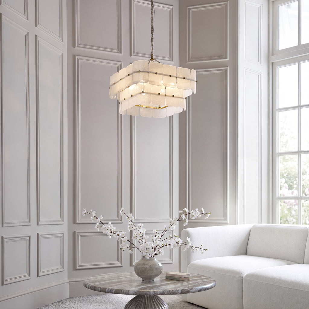 Endon Venice 6 Light Pendant Light in Brushed Aged Brass with White Textured Glass