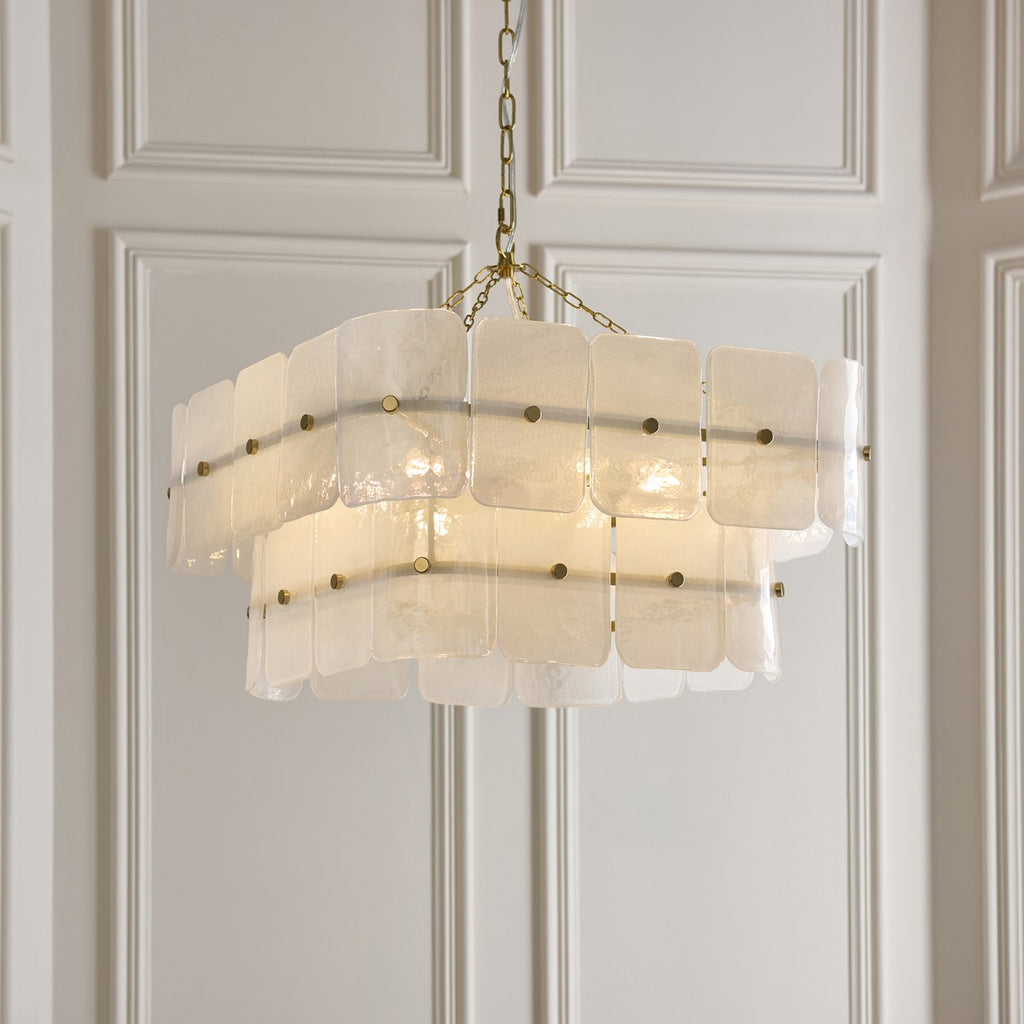 Endon Venice 6 Light Pendant Light in Brushed Aged Brass with White Textured Glass