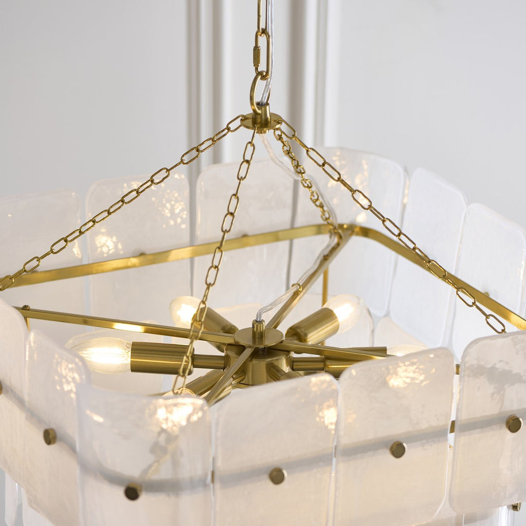 Endon Venice 6 Light Pendant Light in Brushed Aged Brass with White Textured Glass