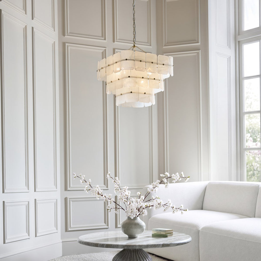 Endon Venice 10 Light Pendant Light in Brushed Aged Brass with White Textured Glass