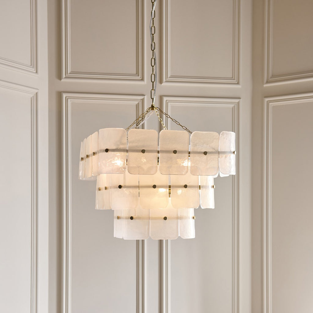 Endon Venice 10 Light Pendant Light in Brushed Aged Brass with White Textured Glass
