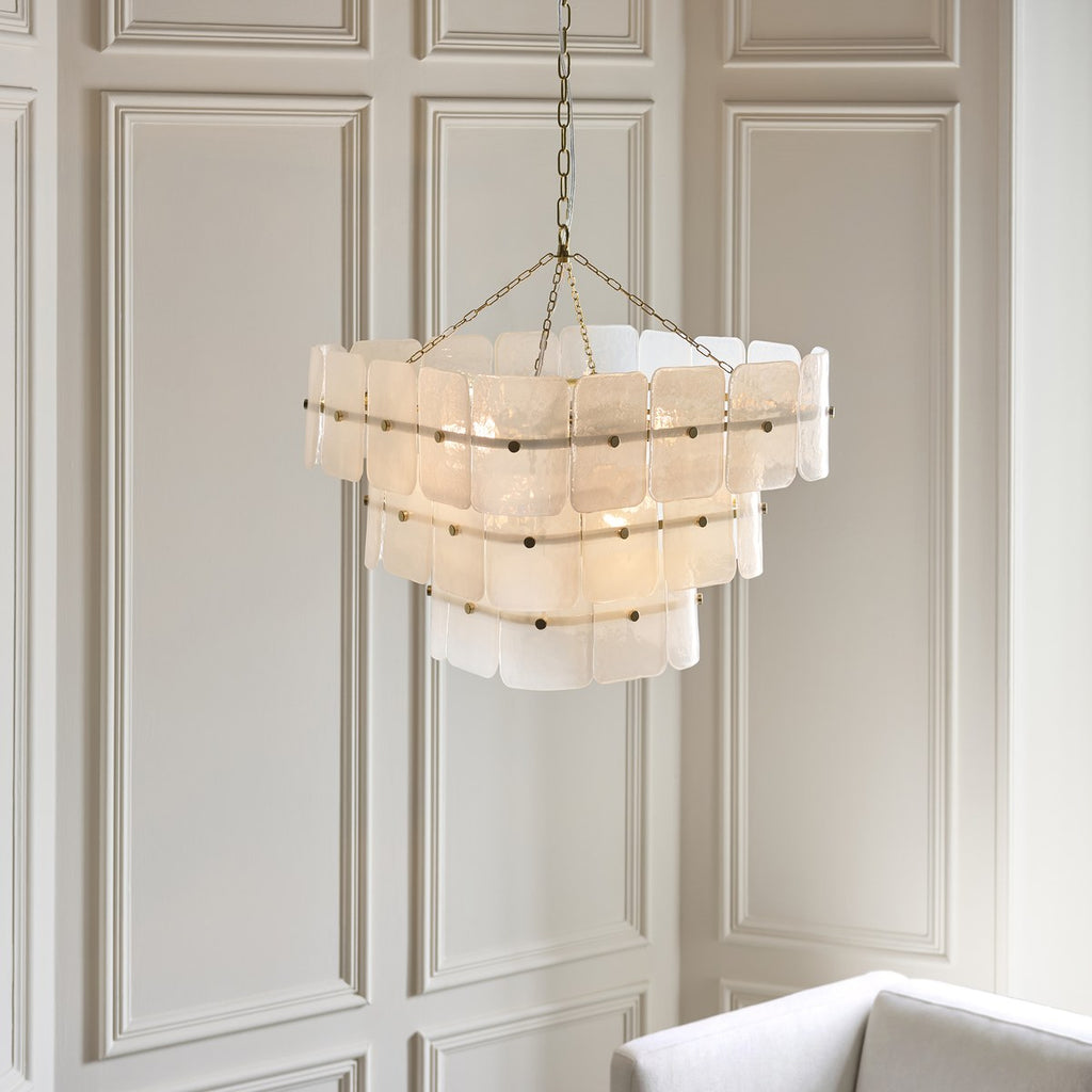 Endon Venice 10 Light Pendant Light in Brushed Aged Brass with White Textured Glass