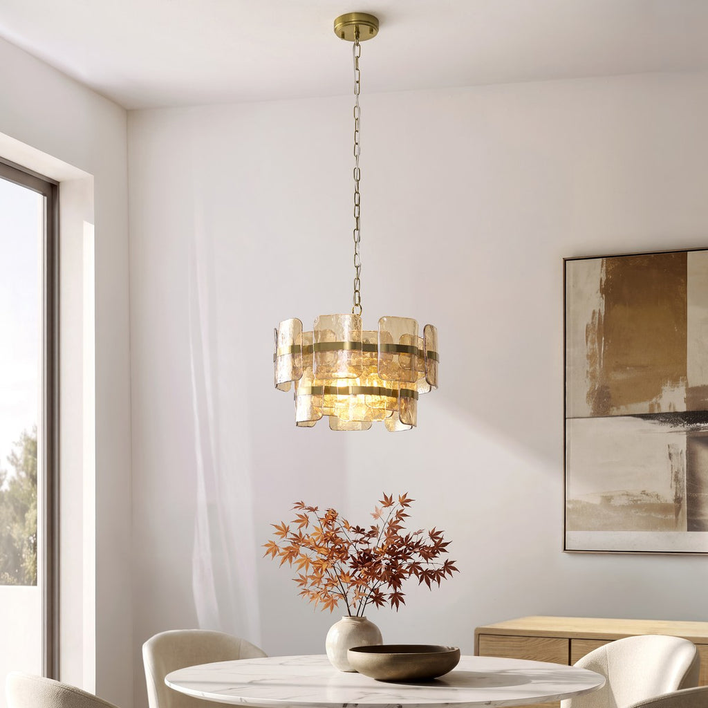 Endon Ancara 3 Light Pendant Light in Brushed Aged Brass with Champagne Textured Glass