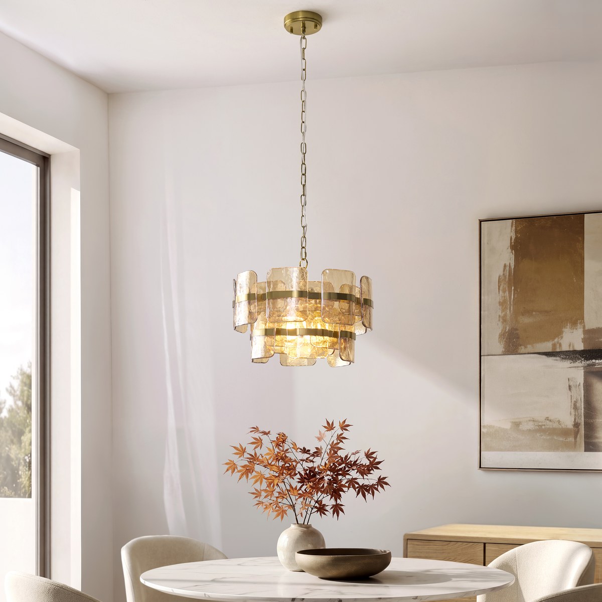 Endon Ancara 3 Light Pendant Light in Brushed Aged Brass with Champagne Textured Glass