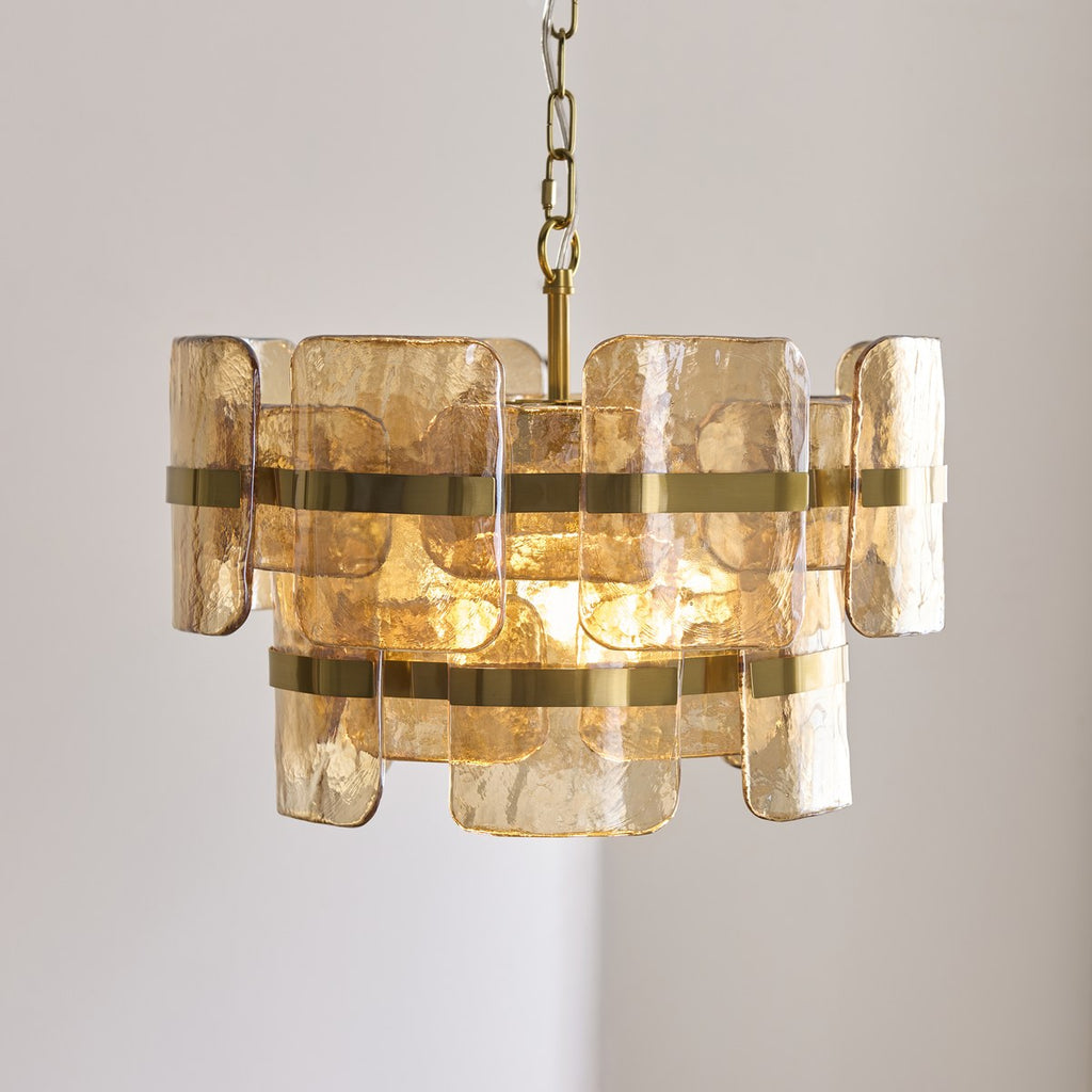 Endon Ancara 3 Light Pendant Light in Brushed Aged Brass with Champagne Textured Glass