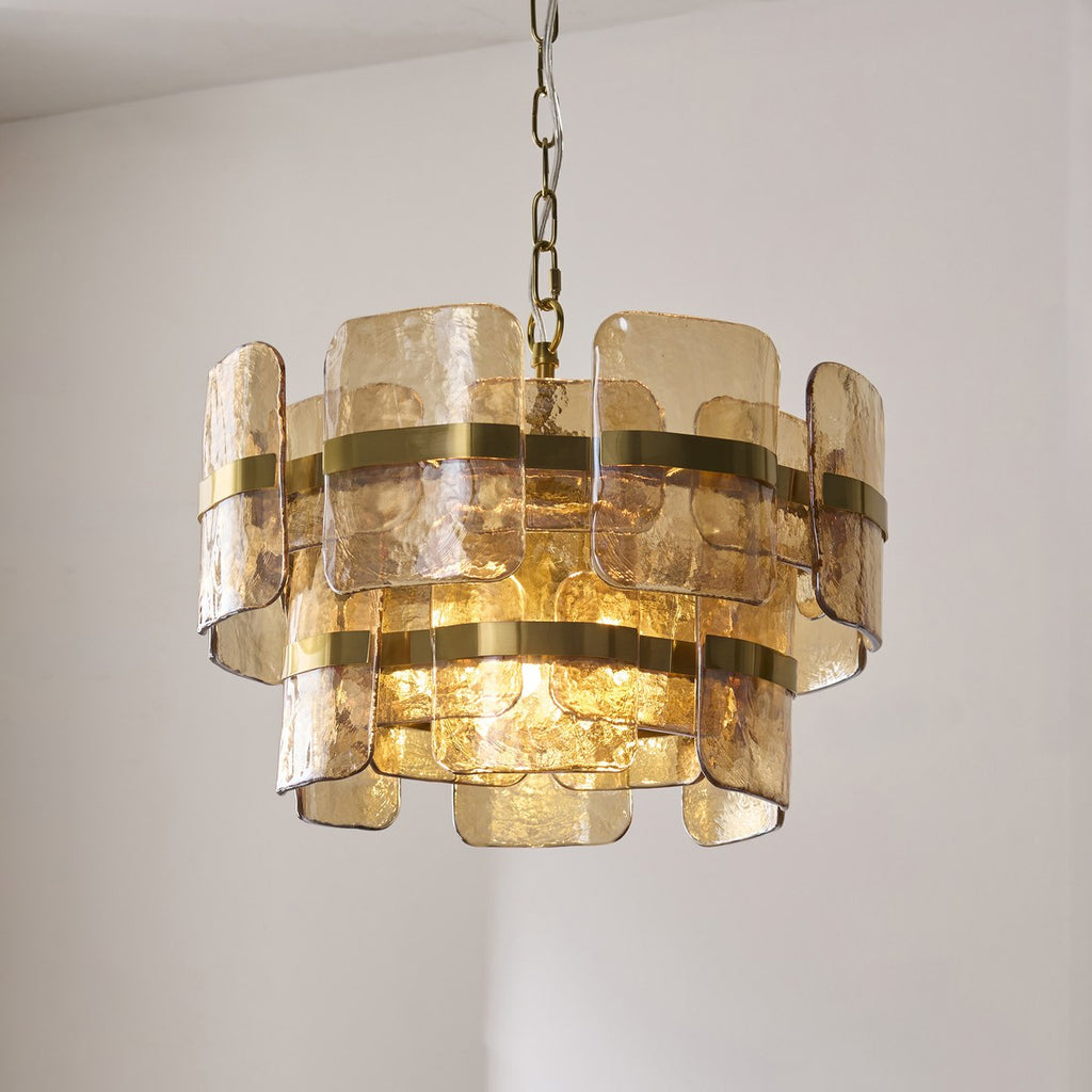 Endon Ancara 3 Light Pendant Light in Brushed Aged Brass with Champagne Textured Glass
