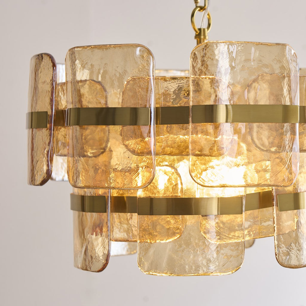 Endon Ancara 3 Light Pendant Light in Brushed Aged Brass with Champagne Textured Glass
