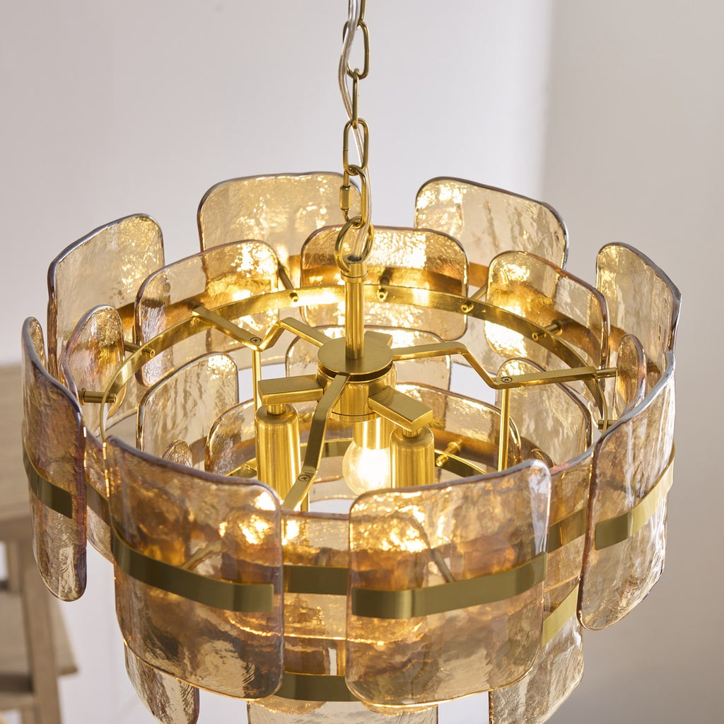 Endon Ancara 3 Light Pendant Light in Brushed Aged Brass with Champagne Textured Glass