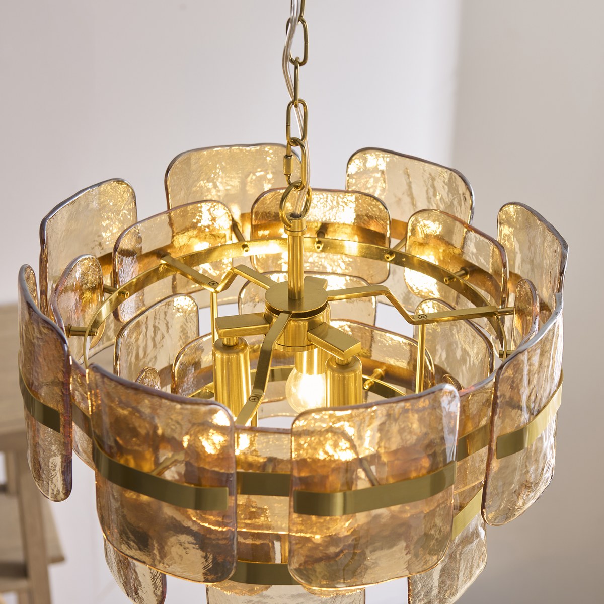 Endon Ancara 3 Light Pendant Light in Brushed Aged Brass with Champagne Textured Glass