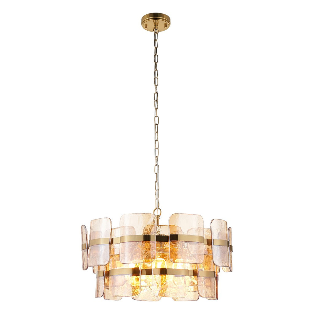 Endon Ancara 6 Light Pendant Light in Brushed Aged Brass with Champagne Textured Glass