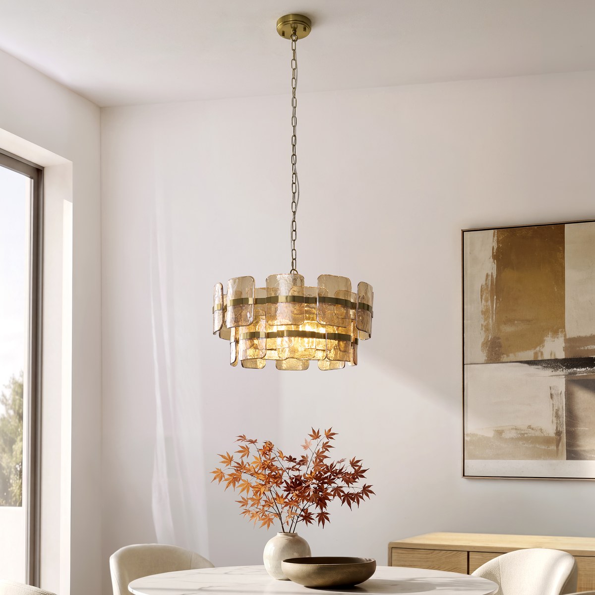 Endon Ancara 6 Light Pendant Light in Brushed Aged Brass with Champagne Textured Glass
