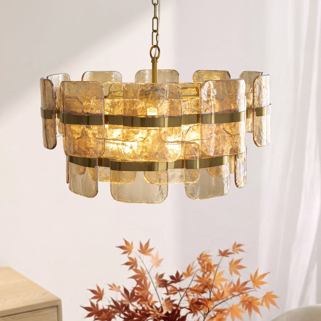 Endon Ancara 6 Light Pendant Light in Brushed Aged Brass with Champagne Textured Glass