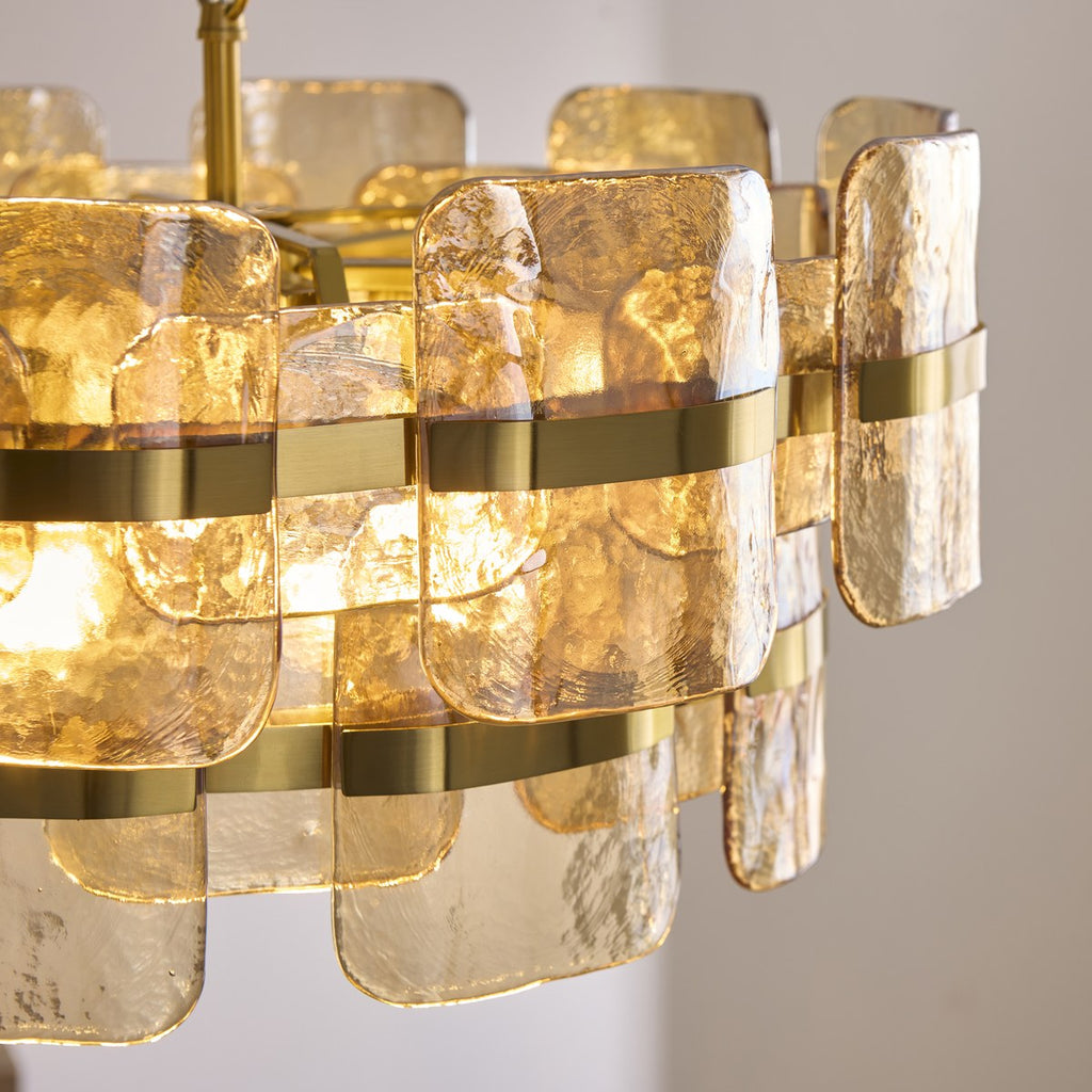 Endon Ancara 6 Light Pendant Light in Brushed Aged Brass with Champagne Textured Glass