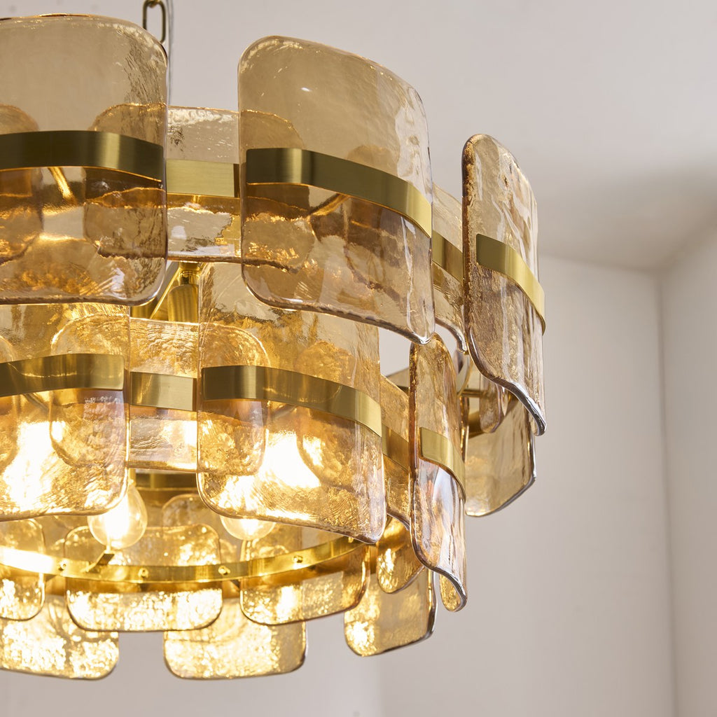 Endon Ancara 6 Light Pendant Light in Brushed Aged Brass with Champagne Textured Glass