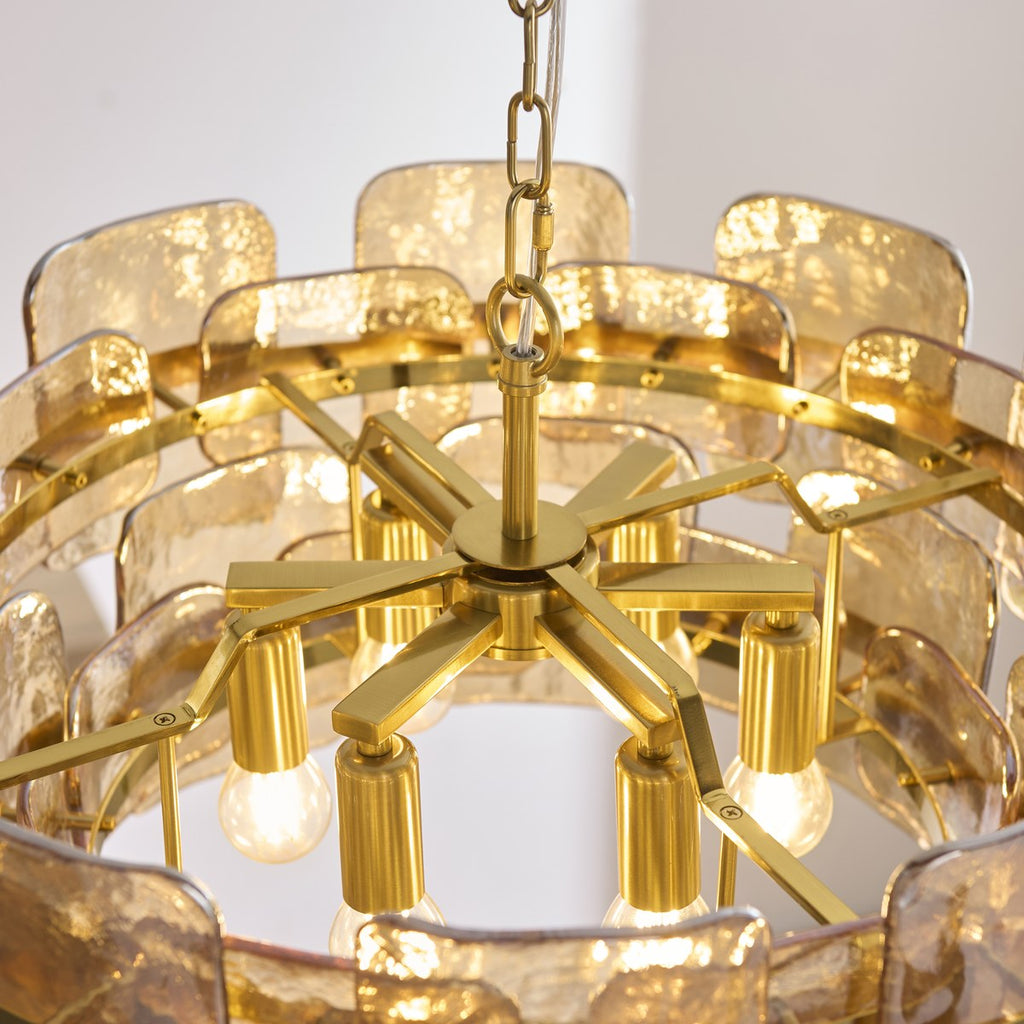 Endon Ancara 6 Light Pendant Light in Brushed Aged Brass with Champagne Textured Glass