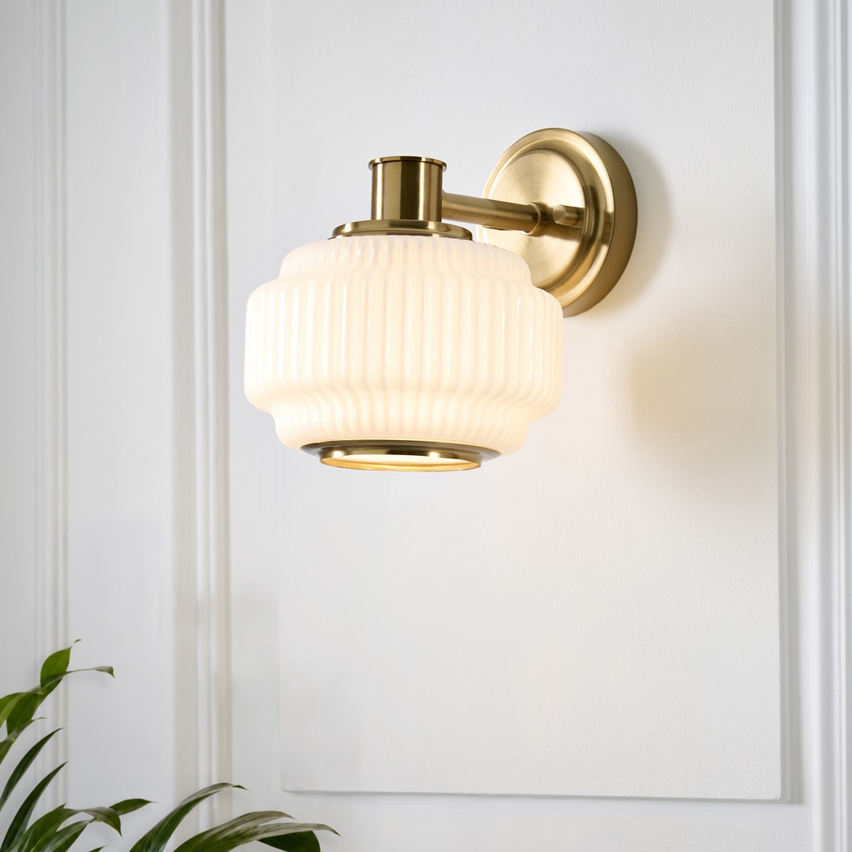 Endon Evora Wall Light in Brushed Aged Brass with Opal Ribbed Glass