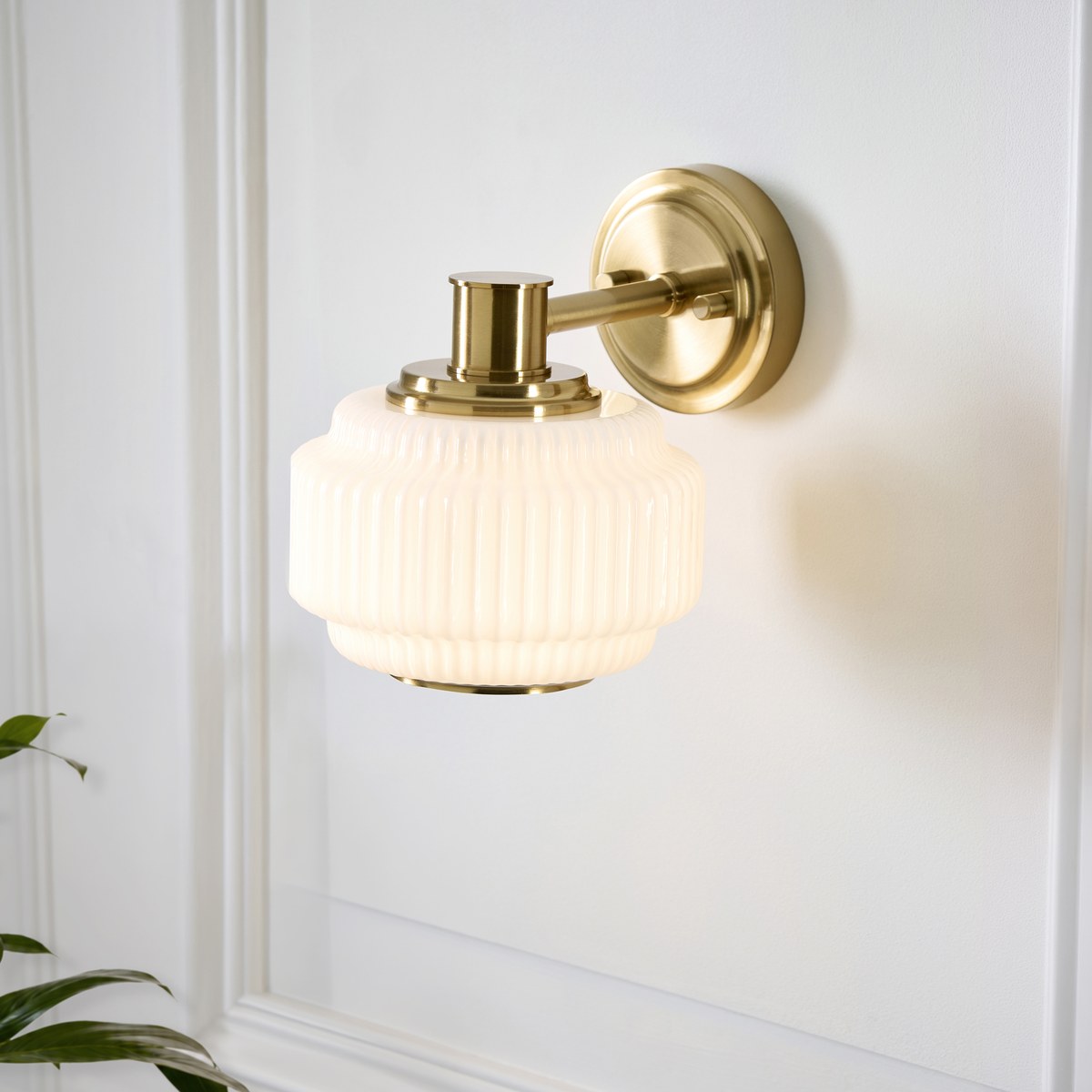 Endon Evora Wall Light in Brushed Aged Brass with Opal Ribbed Glass
