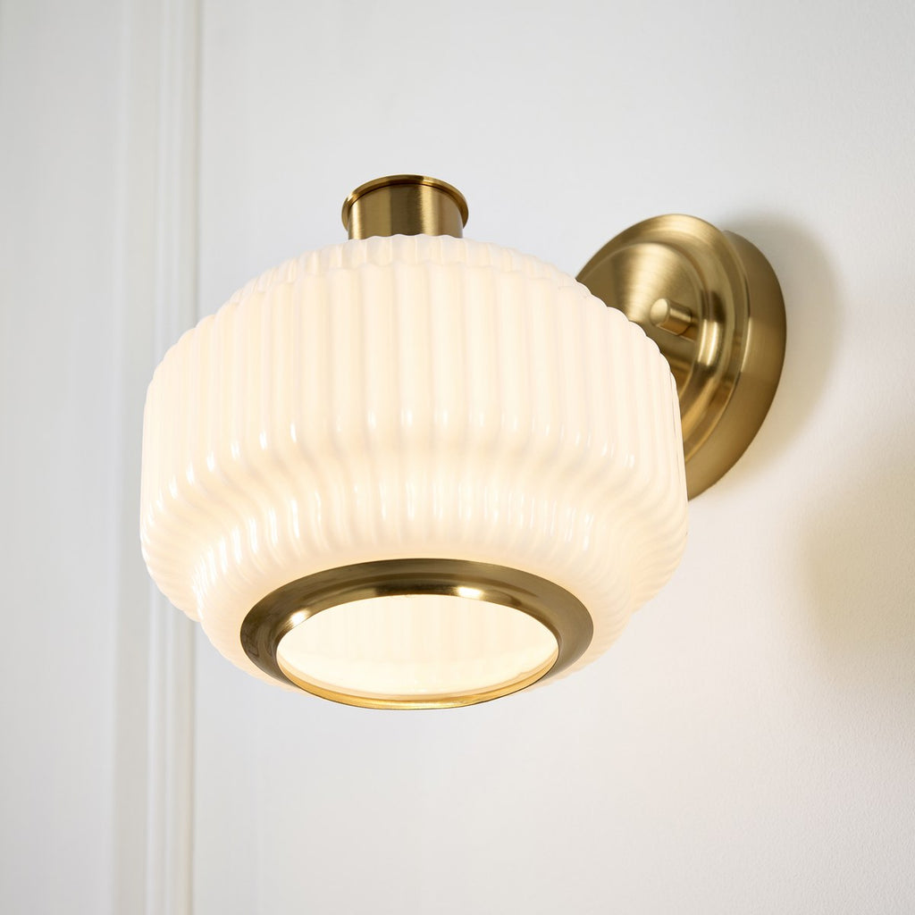 Endon Evora Wall Light in Brushed Aged Brass with Opal Ribbed Glass